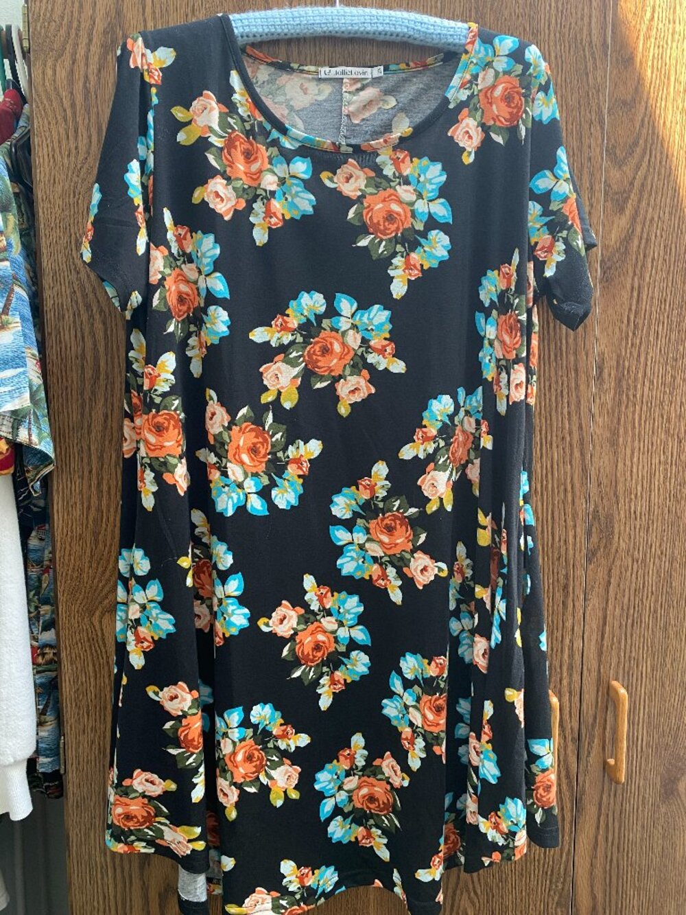 JollieLovin Floral Pocket Tunic Dress Short Sleeve Black Coral Size 2X